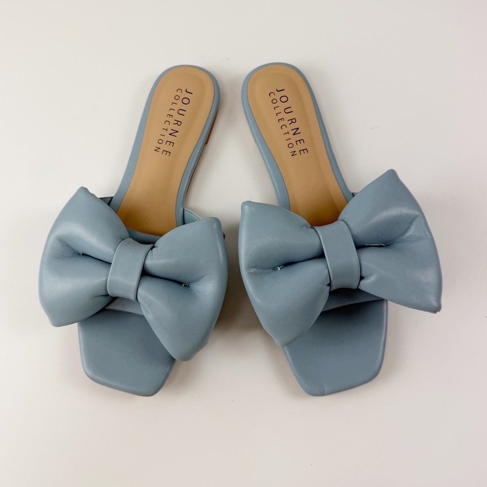 Journee Collection Sandals Womens 8 Blue Puffy Bow Flats Slides